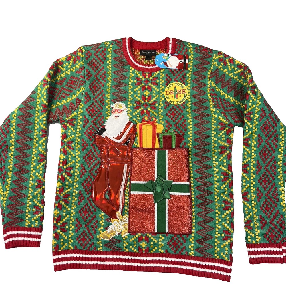 NEW Blizzard Bay HIP HOP Santa Track Suit DRINK‎ HOLDER Ugly Christmas Sweater L